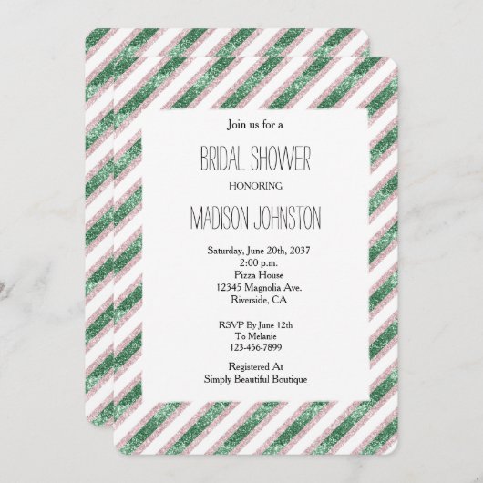 赤面ピンクグリーングリジーグラムストライプブライダルシャワー 招待状 (正面/裏面)