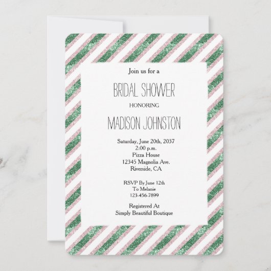 赤面ピンクグリーングリジーグラムストライプブライダルシャワー 招待状 (正面)