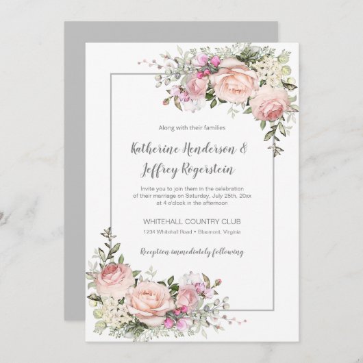 赤面ピンクグリーングレーウォーターフローラ結婚ズ 招待状 (正面/裏面)