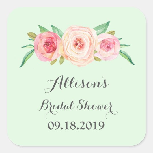 赤面ピンクグリーンブライダルシャワーメッセージカード スクエアシール (正面)