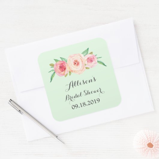 赤面ピンクグリーンブライダルシャワーメッセージカード スクエアシール (封筒)