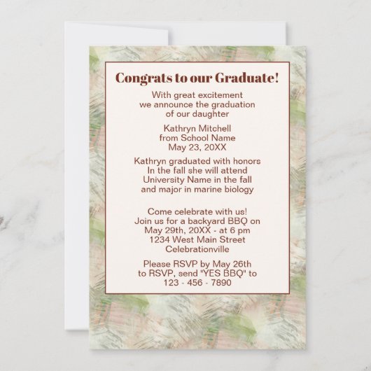 赤面ピンクグリーン抽象芸術卒業 案内状 (裏面)