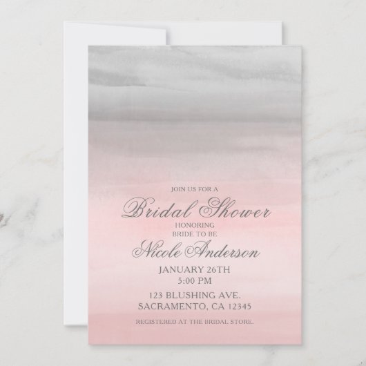 赤面ピンクグレイモダンウォーターブライダルシャワー 招待状 (正面)
