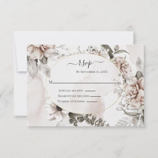 赤面ピンクグレーエレガント結婚フォーマルフローラ 出欠カード (正面)