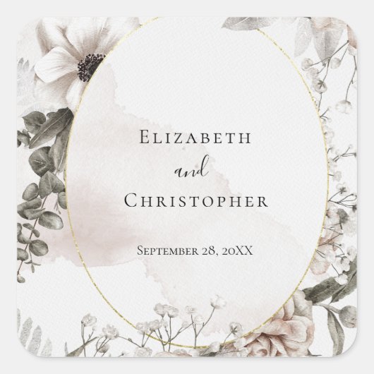 赤面ピンクグレーフローラ水色結婚の スクエアシール (正面)