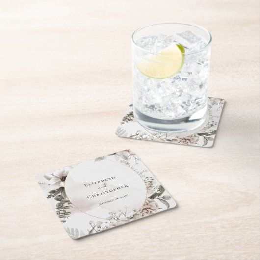 赤面ピンクグレーフローラ水色結婚の スクエアペーパーコースター (インサイチュ)