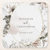 赤面ピンクグレーフローラ水色結婚の スクエアペーパーコースター (正面)