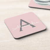 赤面ピンクグレーモダンスクリプガーリートモノグラム名 コースター (左側)