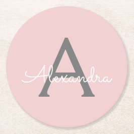 赤面ピンクグレーモダンスクリプガーリートモノグラム名 ラウンドペーパーコースター