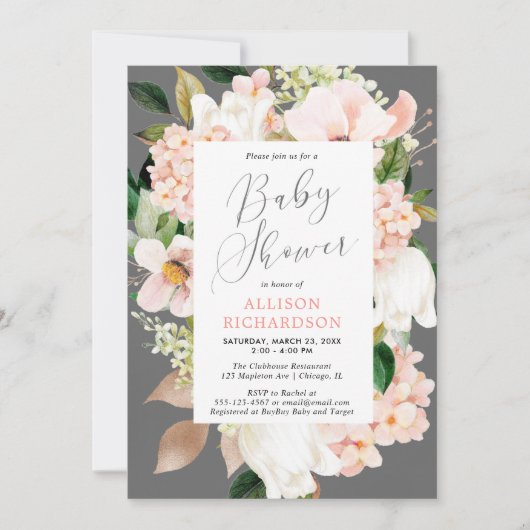 赤面ピンクグレー春フローラガールベビーシャワー 招待状 (正面)