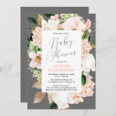 赤面ピンクグレー春フローラガールベビーシャワー 招待状 (正面/裏面)