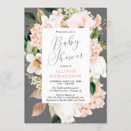 赤面ピンクグレー春フローラガールベビーシャワー 招待状