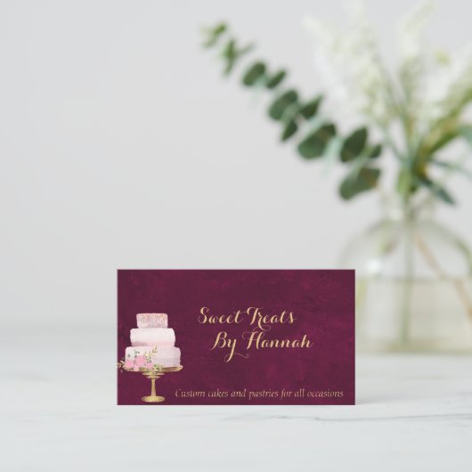 赤面ピンクケーキ花模様とグリッターベーカリー 名刺 (スタンド正面)
