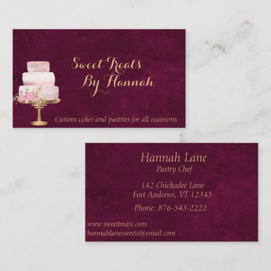赤面ピンクケーキ花模様とグリッターベーカリー 名刺 (正面/裏面)