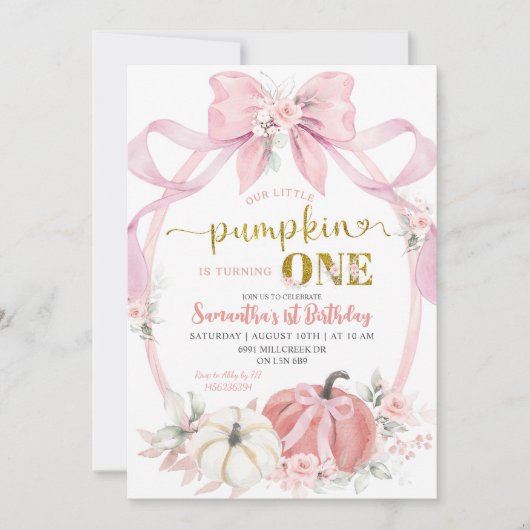 赤面ピンクコケットリトルカンプキンガール誕生日 招待状 (正面)