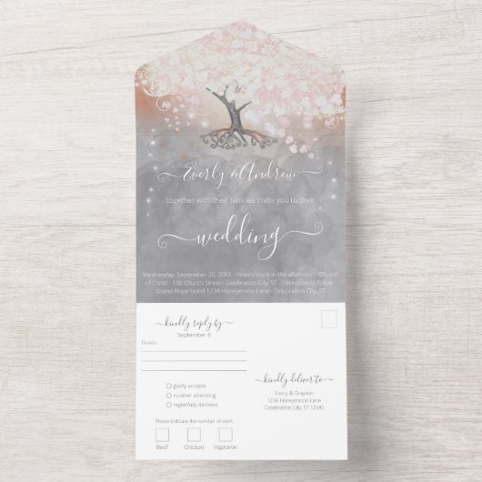赤面ピンクコーラルとグレーハートリーフツリ結婚ーズ オールインワン招待状 (内側)