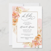 赤面ピンクコーラルアンドピーチフローラガールベビーシャワー 招待状 (正面)