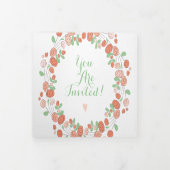 赤面ピンクコーラルグリーンアッシュフローラリース結婚ズ 三つ折り招待状 (カバー)