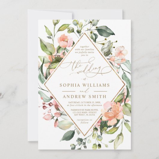 赤面ピンクコーラルフラワーズ&金ゴールドフレ結婚ーム 招待状 (正面)