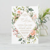 赤面ピンクコーラルフラワーズ&金ゴールドフレ結婚ーム 招待状 (スタンド正面)