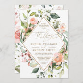 赤面ピンクコーラルフラワーズ&金ゴールドフレ結婚ーム 招待状 (正面/裏面)