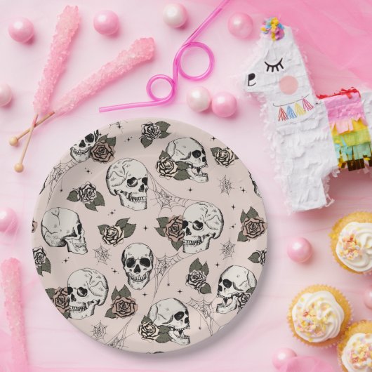 赤面ピンクゴシックスカルとバラハロウィーン ペーパープレート (パーティー)