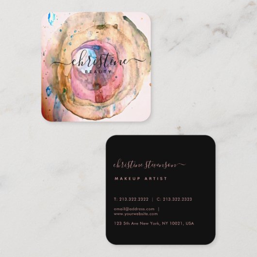 赤面ピンクゴールデンウォーター色のGeodeスクリプト スクエア名刺 (正面/裏面)