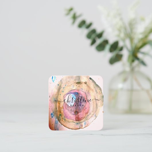 赤面ピンクゴールデンウォーター色のGeodeスクリプト スクエア名刺 (スタンド正面)