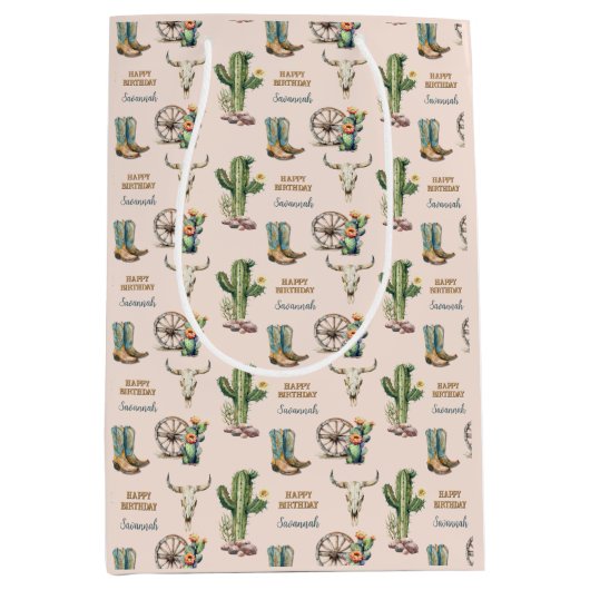 赤面ピンクサウスウエストデザートサボスハッピーバースデー ミディアムペーパーバッグ (正面)