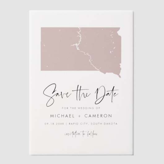 赤面ピンクサウスダコタミニマリスト日付保存 ベラム紙招待状 (正面)