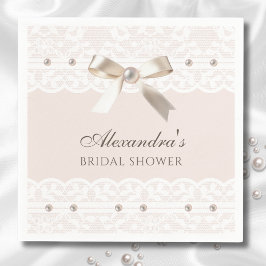 赤面ピンクサテンボウホワイトレースブライダルシャワー スタンダードカクテルナプキン