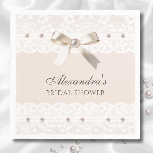 赤面ピンクサテンボウホワイトレースブライダルシャワー スタンダードカクテルナプキン