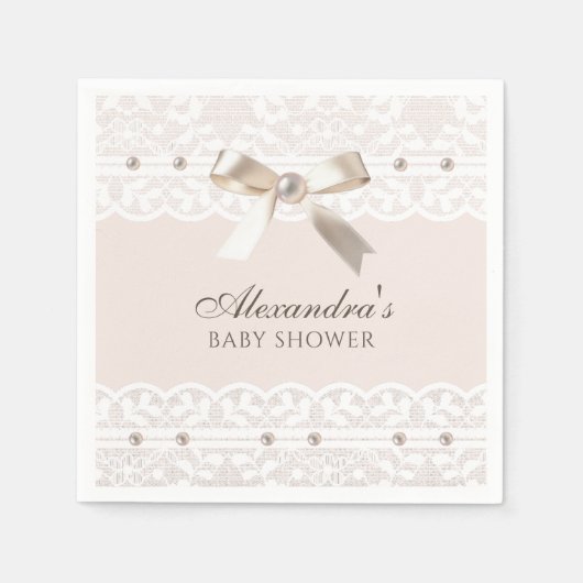 赤面ピンクサテンボウホワイトレースベビーシャワー スタンダードカクテルナプキン (正面)