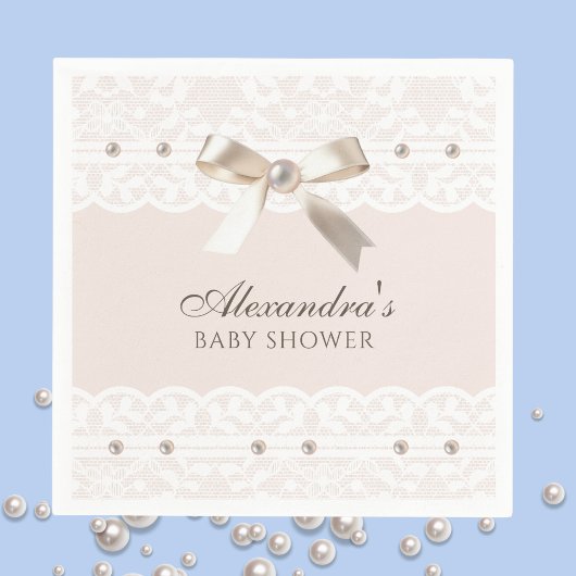 赤面ピンクサテンボウホワイトレースベビーシャワー スタンダードカクテルナプキン