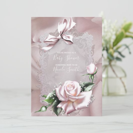 赤面ピンクサテンボウ&バラベビーレースのようシャワー 招待状 (スタンド正面)