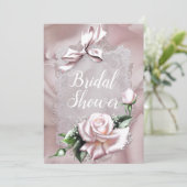 赤面ピンクサテンボウ&バラロマンチックブライダルシャワー 招待状 (スタンド正面)