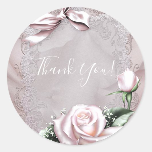 赤面ピンクサテンボウ&バラロマンチック結婚式の引き出物 ラウンドシール (正面)