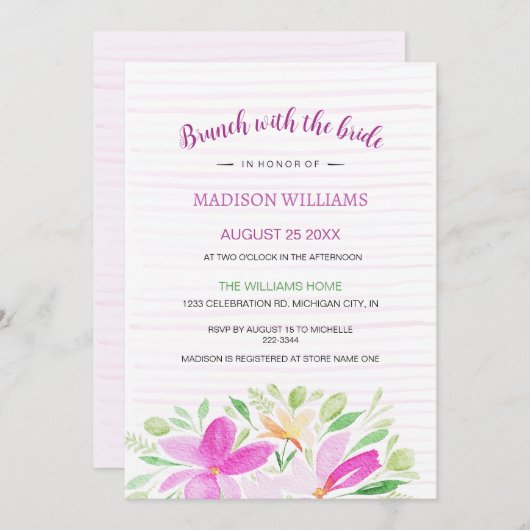 赤面ピンクサマーフローラウォーターカラーアート 招待状 (正面/裏面)