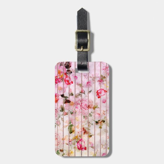 赤面ピンクサンゴ水色フローラストライプ。 ラゲッジタグ (正面縦)