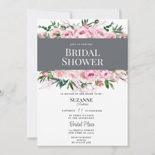 赤面ピンクサンゴ牡丹フローラ夏ブライダルシャワー 招待状 (正面)