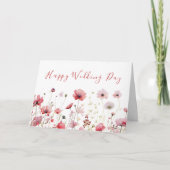 赤面ピンクシックボホワイルドフラワーハッピーウェディングデー カード (正面)