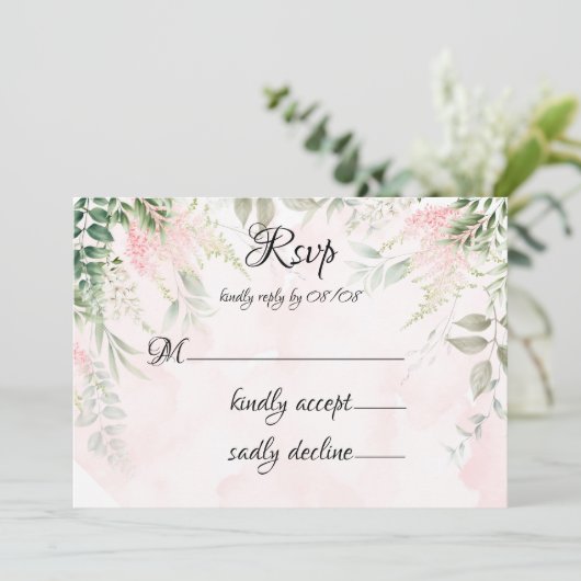 赤面ピンクシック花模様グリーンウェディングRSVPカード 招待状 (スタンド正面)