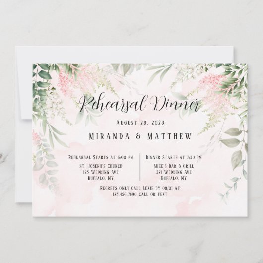 赤面ピンクシック花模様グリーンリハーサルディナー 招待状 (正面)