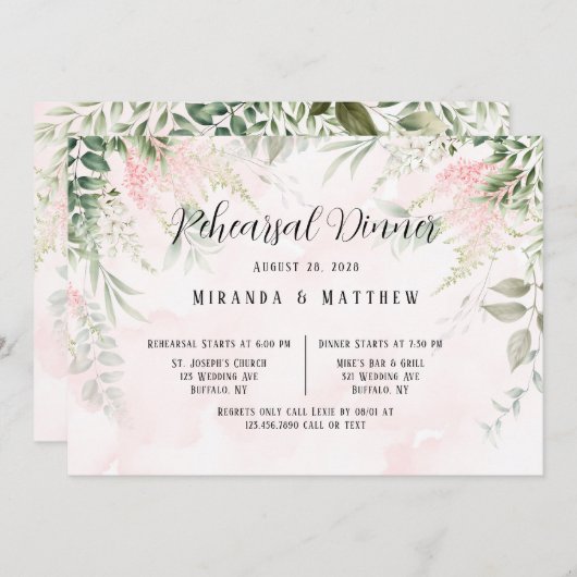 赤面ピンクシック花模様グリーンリハーサルディナー 招待状 (正面/裏面)