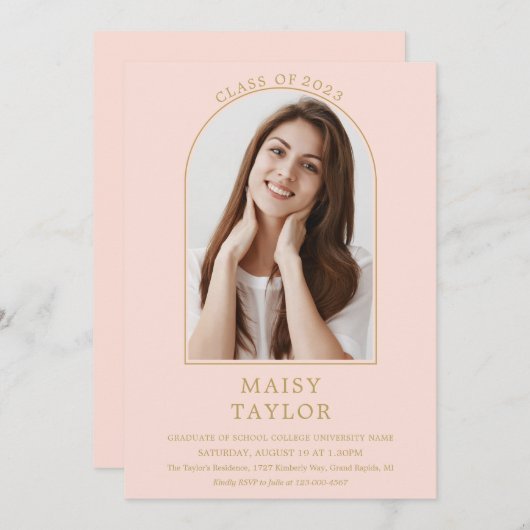 赤面ピンクシック金ゴールドアーチ写真卒業パーティーI 招待状 (正面/裏面)