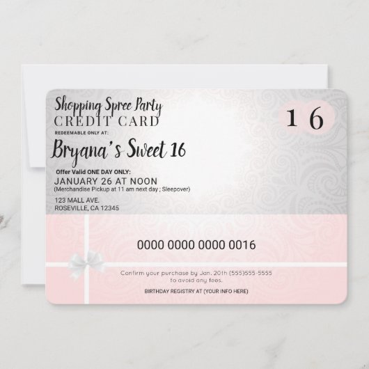 赤面ピンクショッピングスプライクレジットスウィート16パーティー 招待状 (正面)