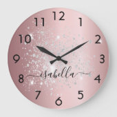 赤面ピンクシルバーグリッターダストメタル名文字 ラージ壁時計 (正面)