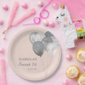 赤面ピンクシルバーグリッターバルーン甘い16 ペーパープレート (パーティー)