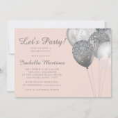 赤面ピンクシルバーグリッターバルーン甘い16 招待状 (正面)