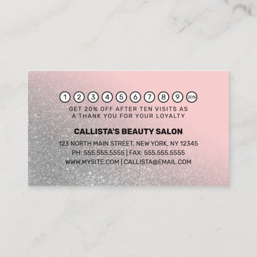 赤面ピンクシルバーグリッター勾配タイポグラフィ ロイヤリティカード (裏面)